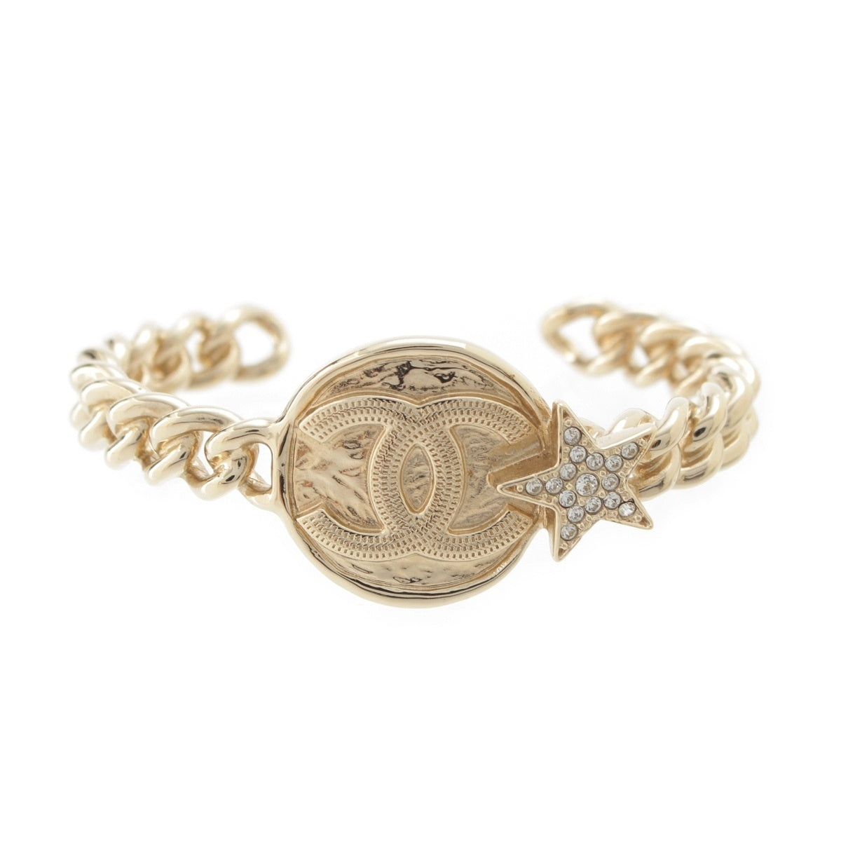 CHANEL COCO Mark Star Rhinestone Chain Bangle Silver
