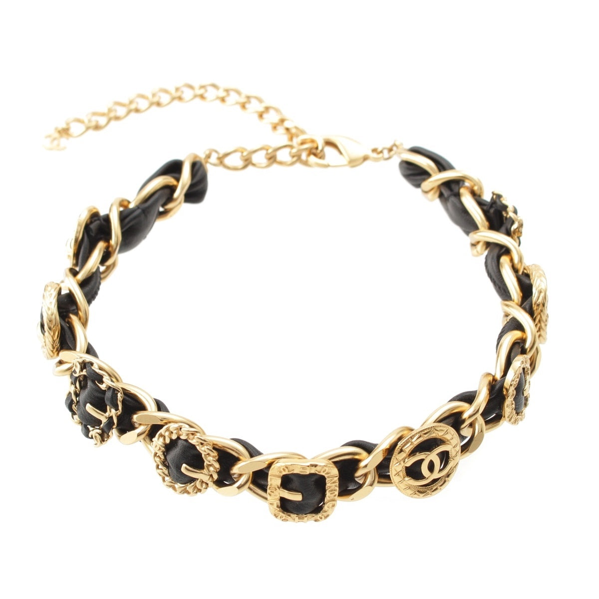 CHANEL leather COCO Mark Leather Chain choker Necklace Black gold
