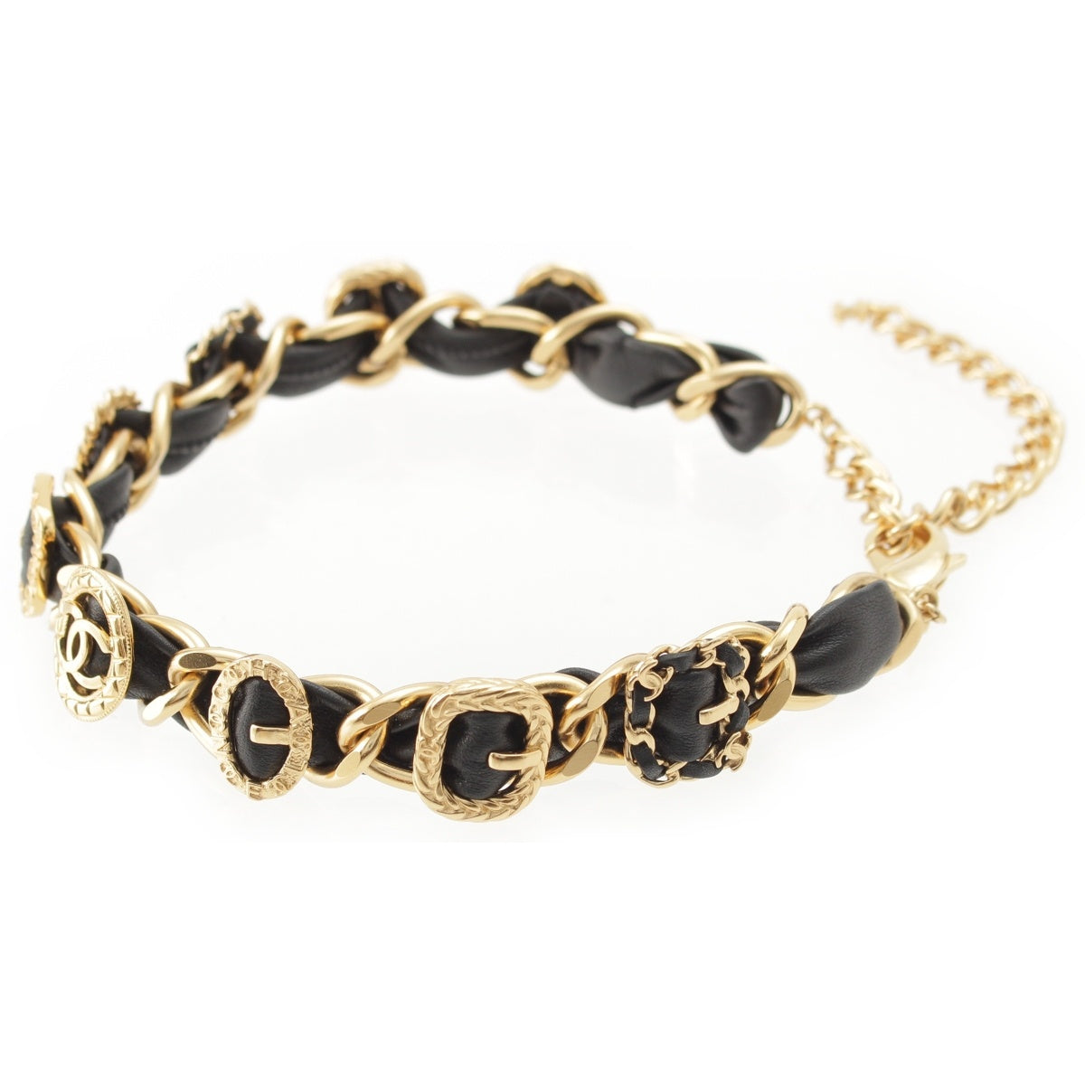 CHANEL leather COCO Mark Leather Chain choker Necklace Black gold