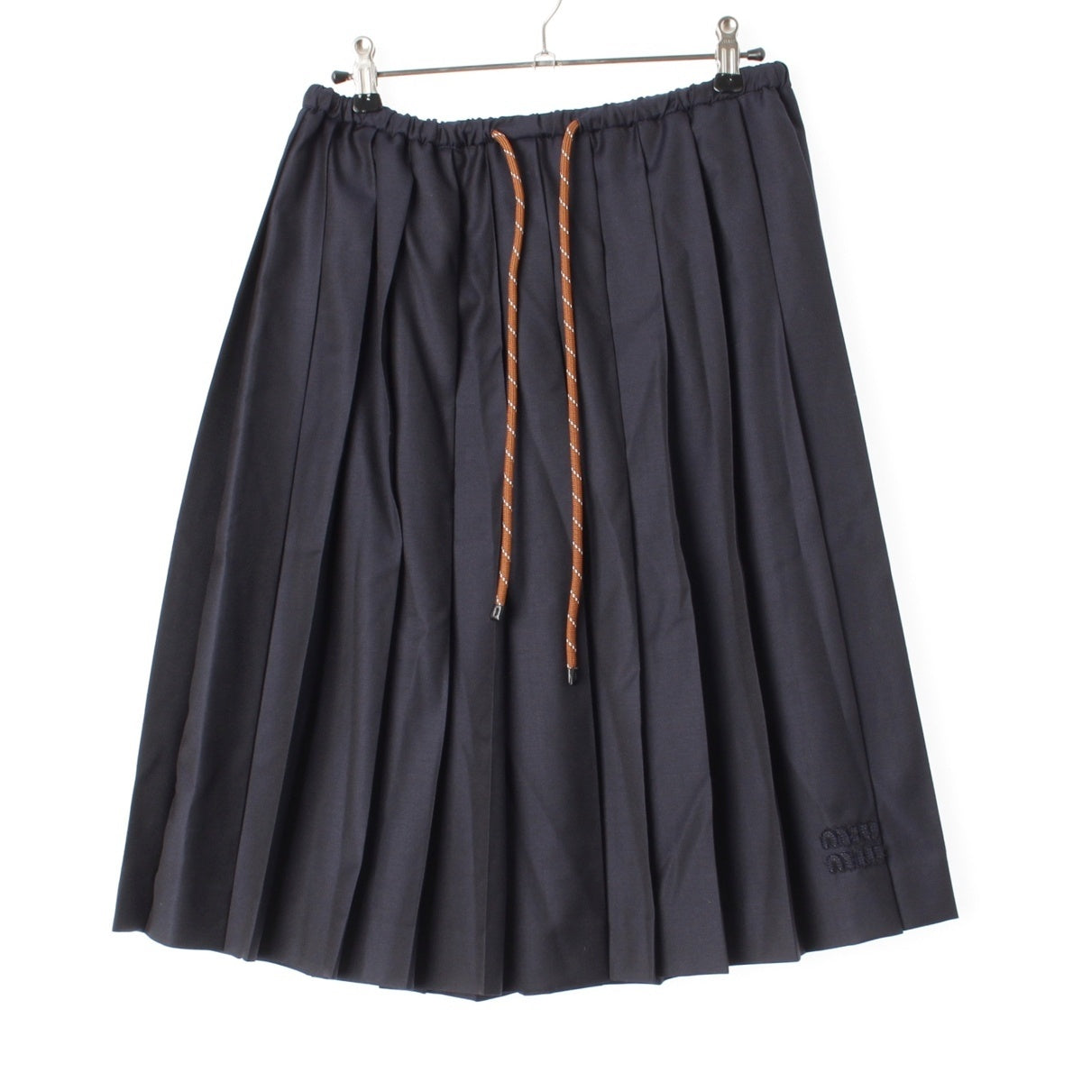 MIUMIU Virgin wool Logo Batavia Drawstring Pleated skirt MG2237 Navy brown 36