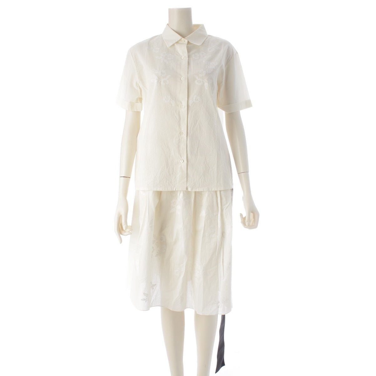 MIUMIU cotton Embroidered Batiste Short-Sleeved Shirt Blouse Skirt setup MG2473 Off-white black 38