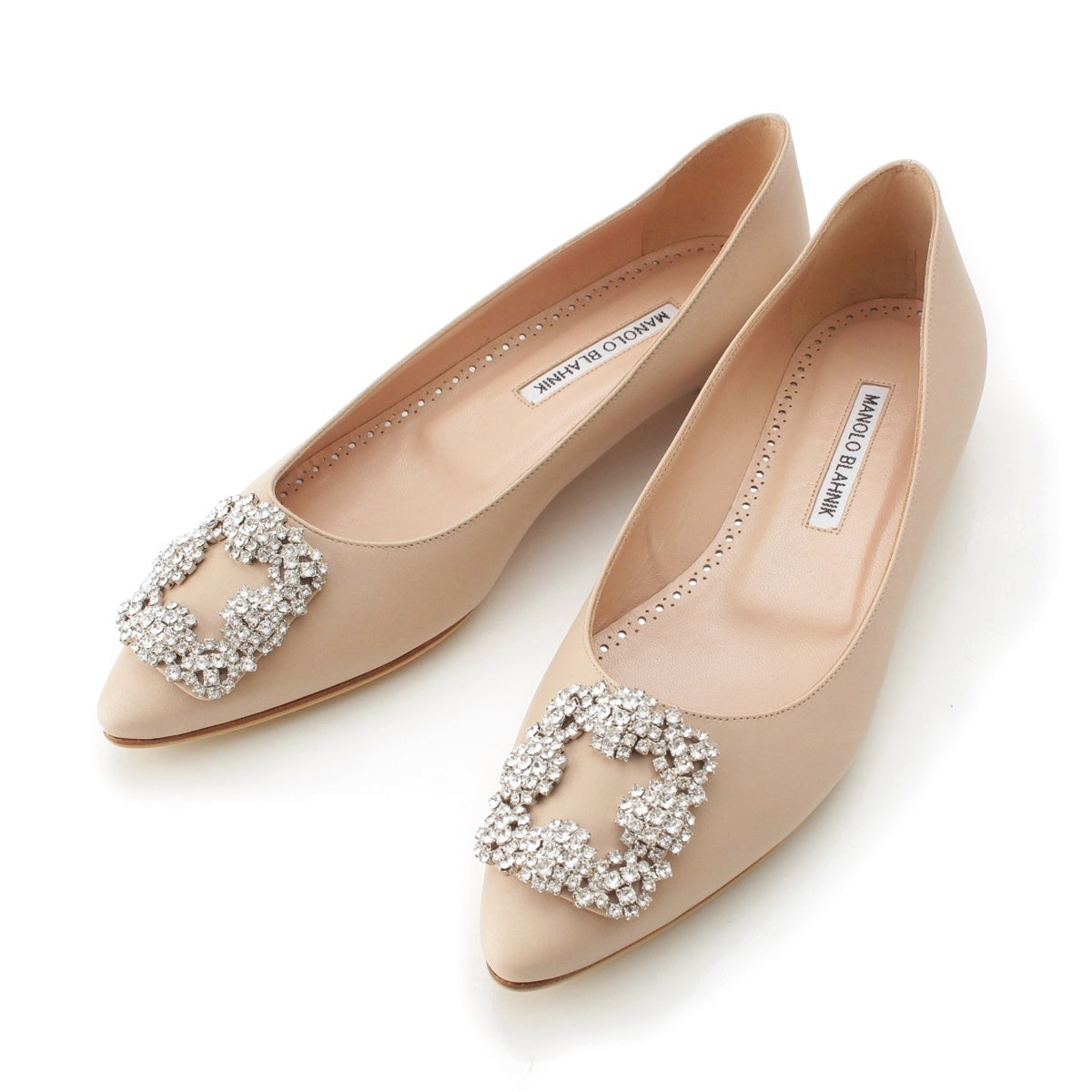 MANOLO BLAHNIK Hangisi leather Jewel Buckle Flat pumps beige 37 1/2