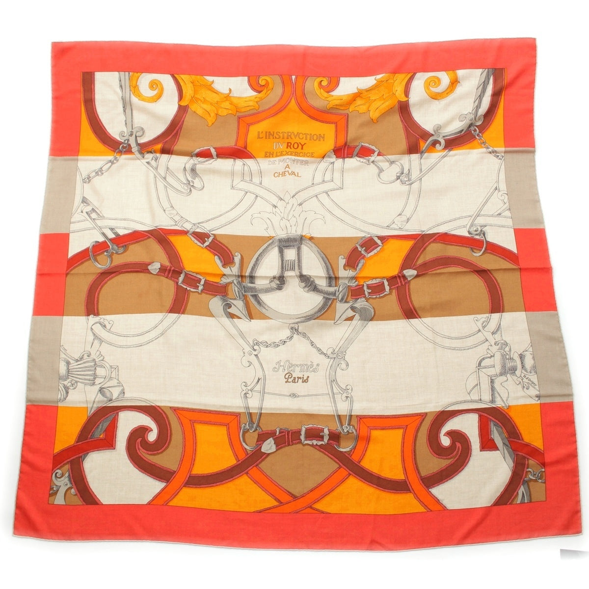 HERMES Callejean L'INSTRVCTION DV ROY Imperial Studies cashmere silk scarf Brown