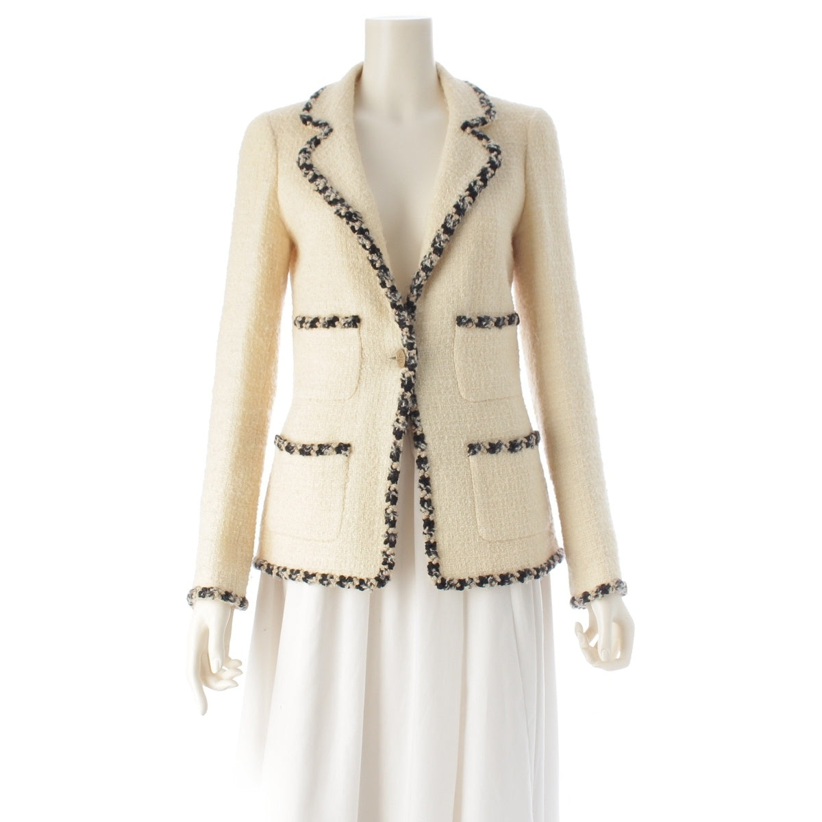 CHANEL Mixed Trim COCO Button 4-Pocket Tweed tailored jacket P29473 white 34