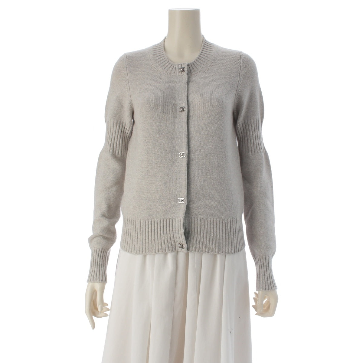 CHANEL cashmere COCO Mark Turnlock Rib Knit Two-Tone cardigan P46816 Ice Gray Green 34