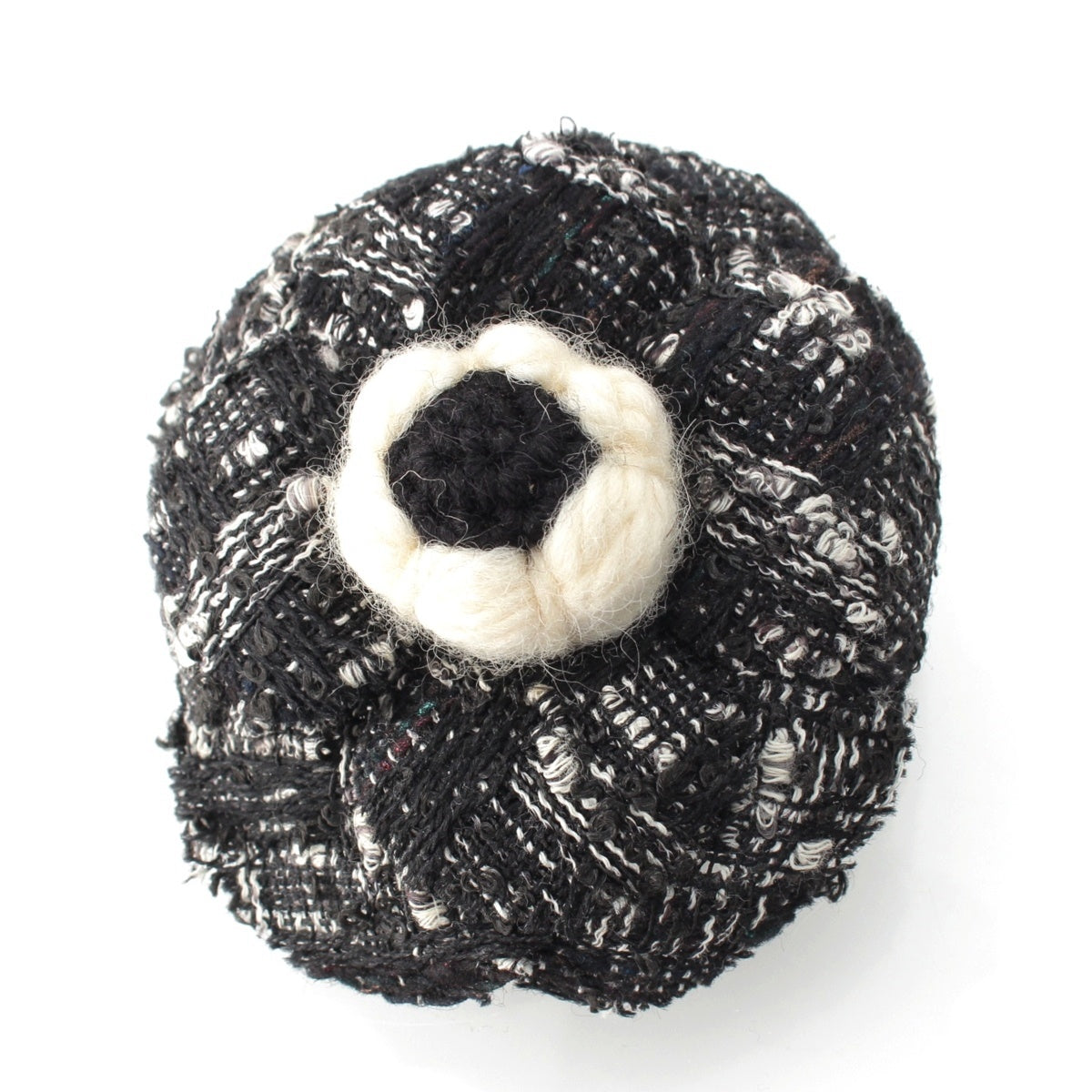 CHANEL Tweed wool trim Flower motif corsage Brooch Accessories Black White