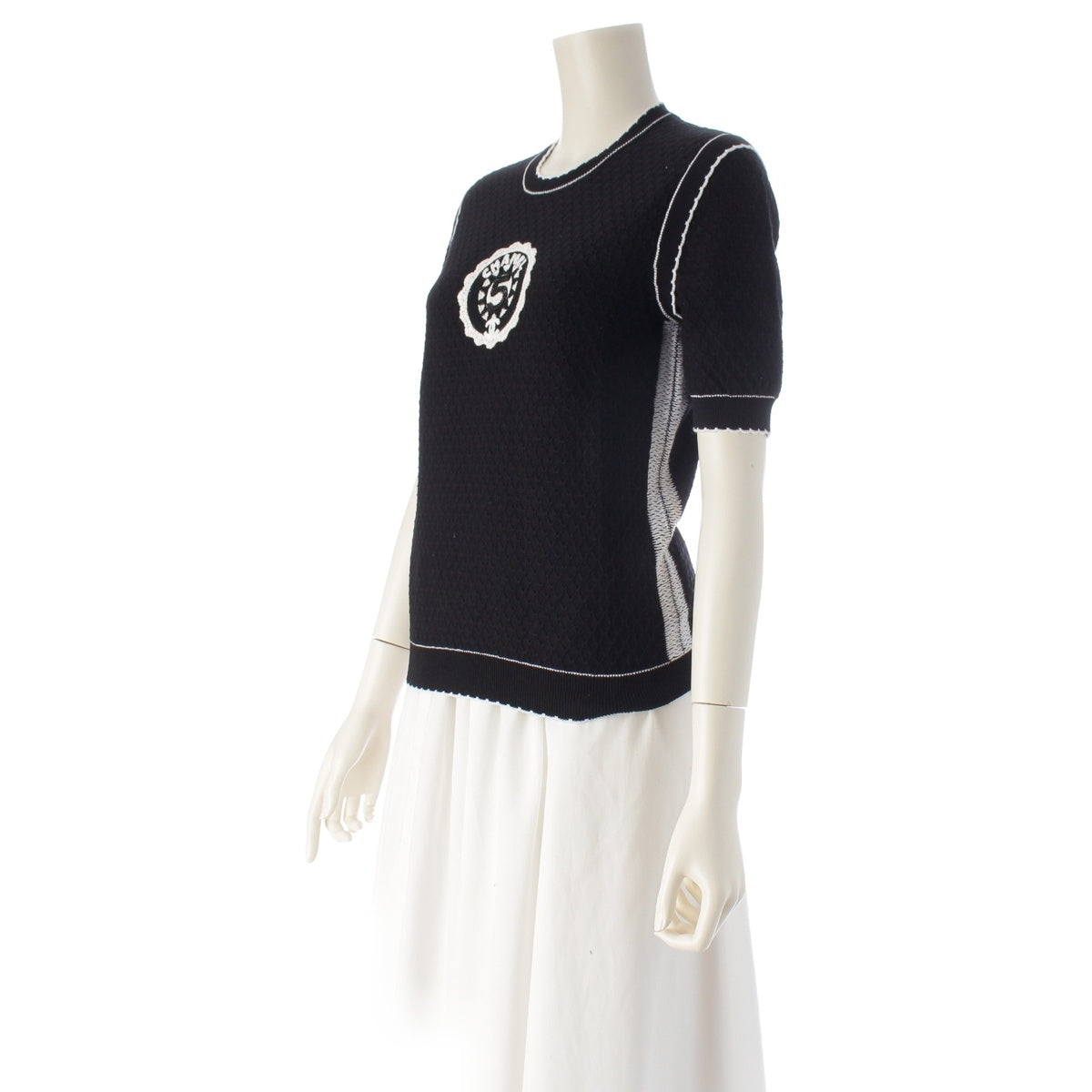 CHANEL cotton COCO Mark Beaded Embroidery Short Sleeve sweater Summer knit tops P74144 black 36