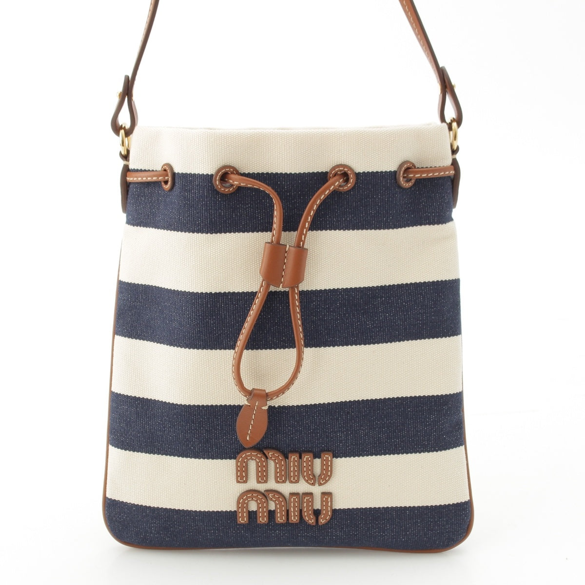 MIUMIU Striped drawstring bag Shoulder Bag 5ND016 BLU/NATURALE