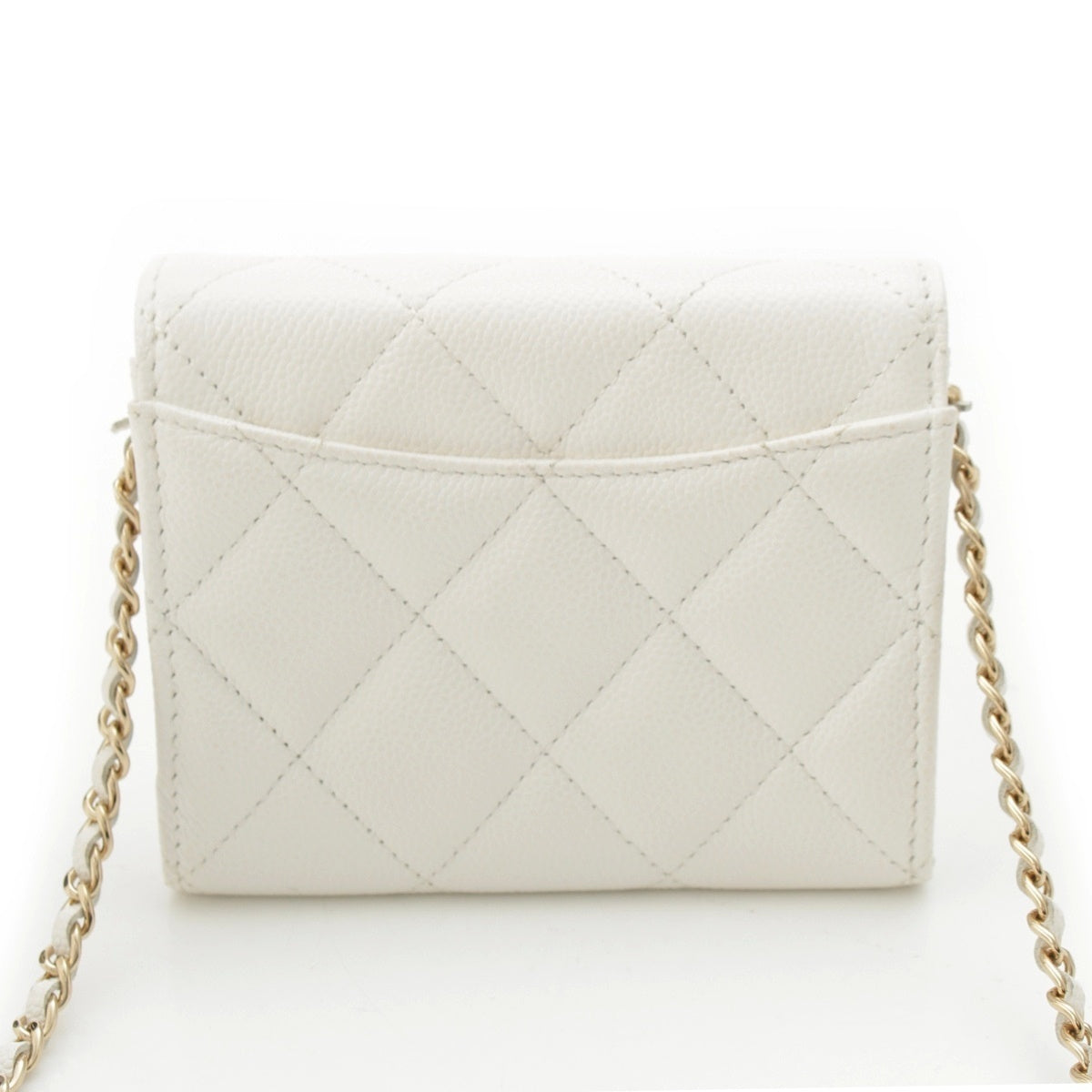 CHANEL Caviar skin Matelassé COCO Mark Mini Chain Wallet Card Case white