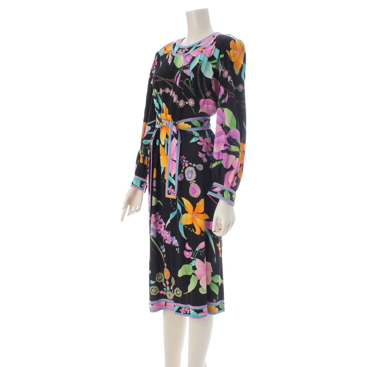 LEONARD wool cotton Floral one piece With belt black M