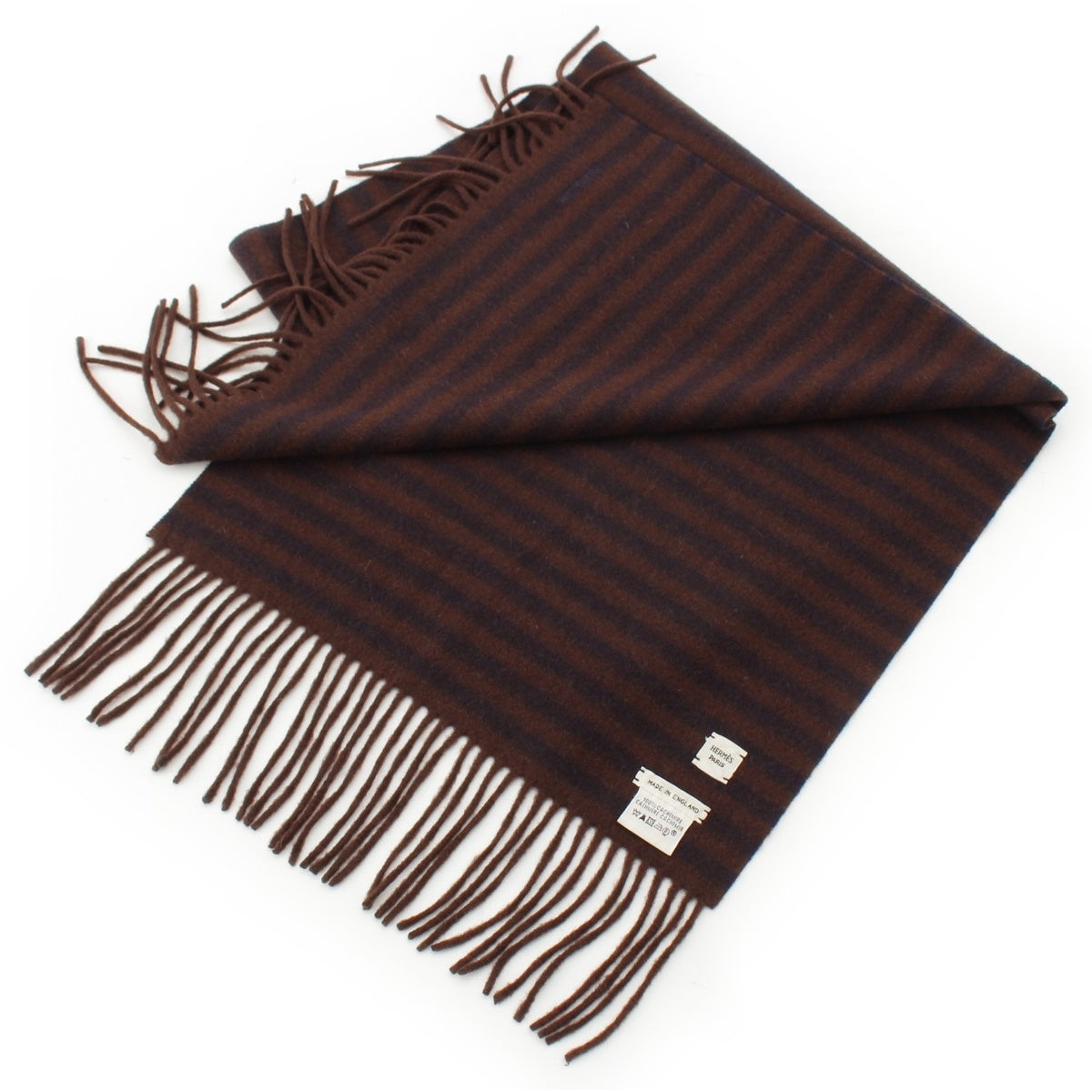 HERMES cashmere Fringe border Scarf Brown navy