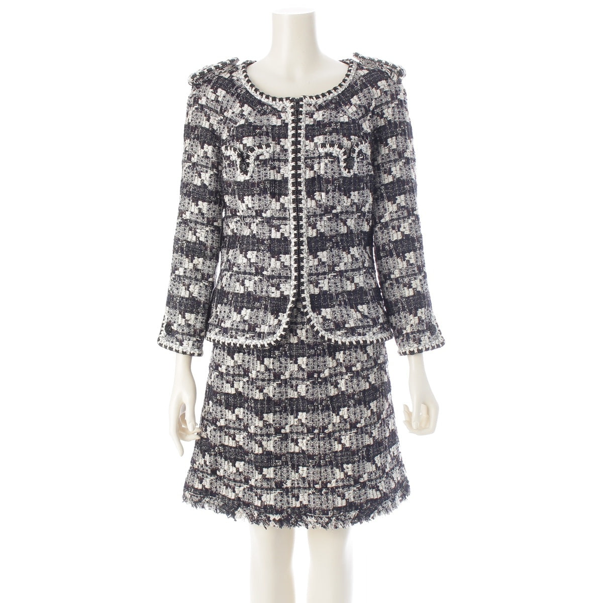 CHANEL Nylon COCO Button Tweed Zip Skirt setup P27771 P27755 Black x white 40 42