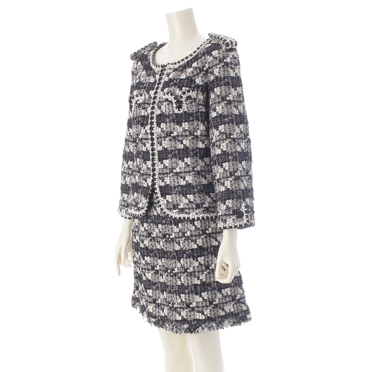 CHANEL Nylon COCO Button Tweed Zip Skirt setup P27771 P27755 Black x white 40 42