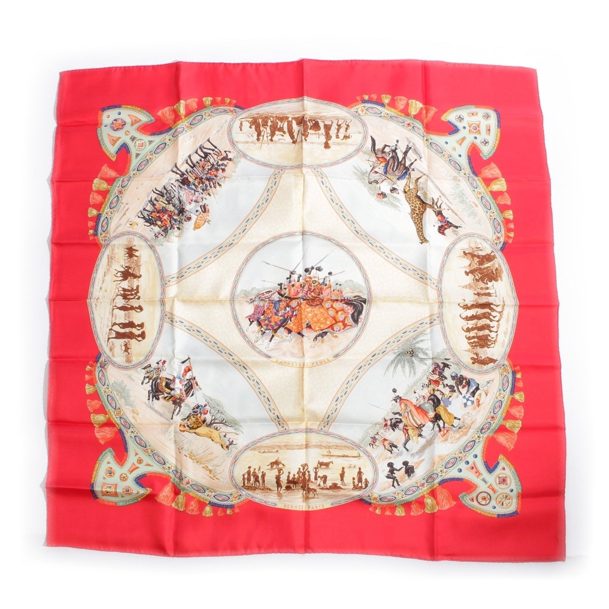 HERMES Carre 90 CAVALIERS PEULS Pauravas jockey silk scarf Red