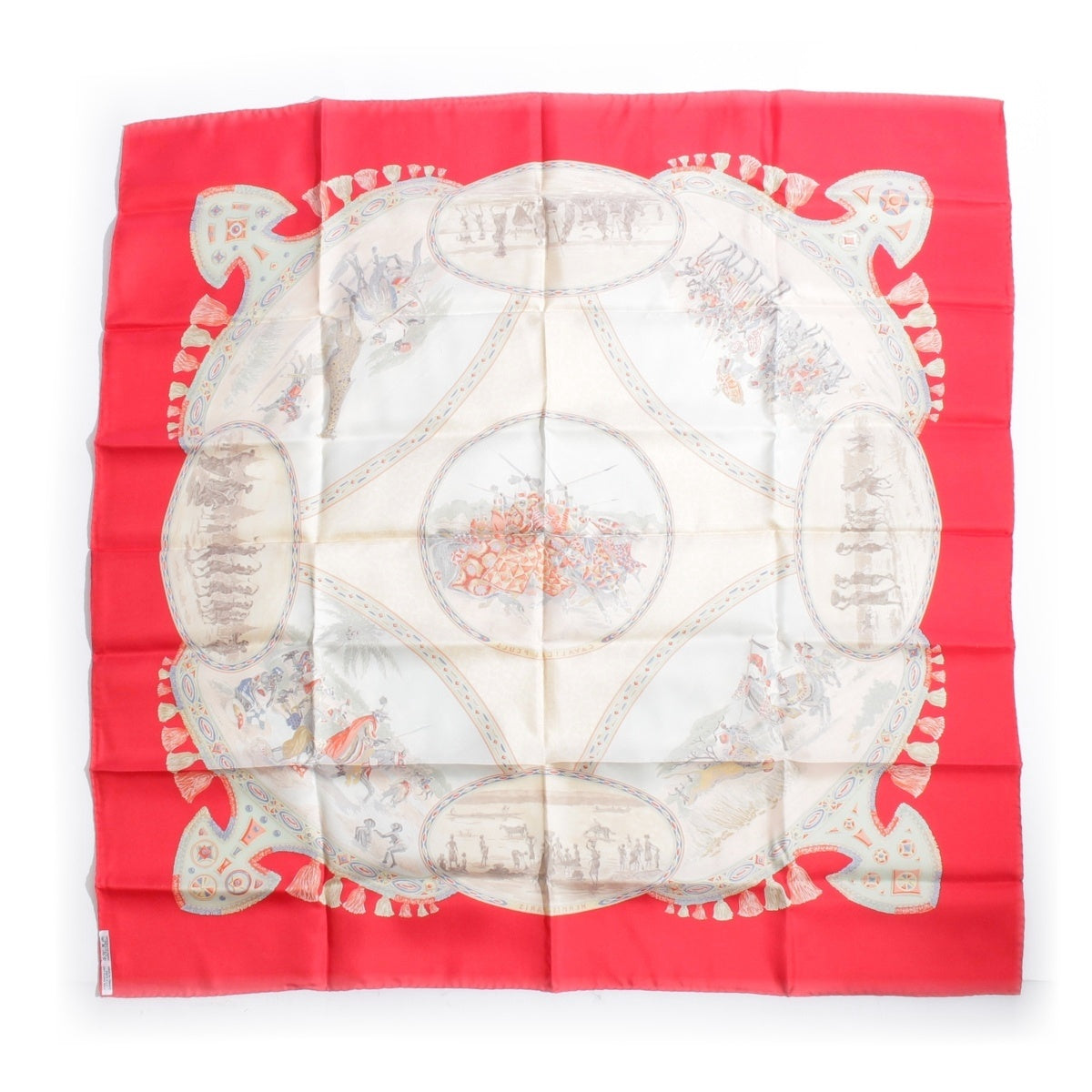 HERMES Carre 90 CAVALIERS PEULS Pauravas jockey silk scarf Red