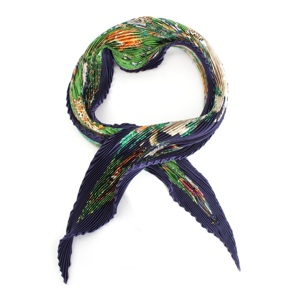HERMES Pleated curry silk SICHUAN Sichuan Province Animal scarf Navy x green