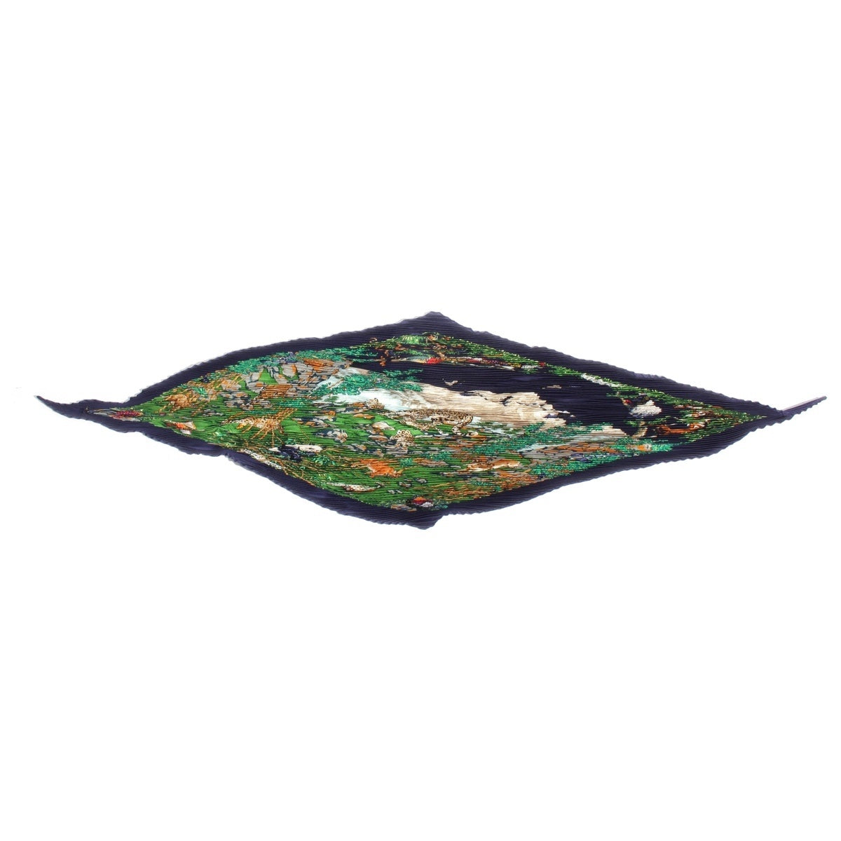 HERMES Pleated curry silk SICHUAN Sichuan Province Animal scarf Navy x green
