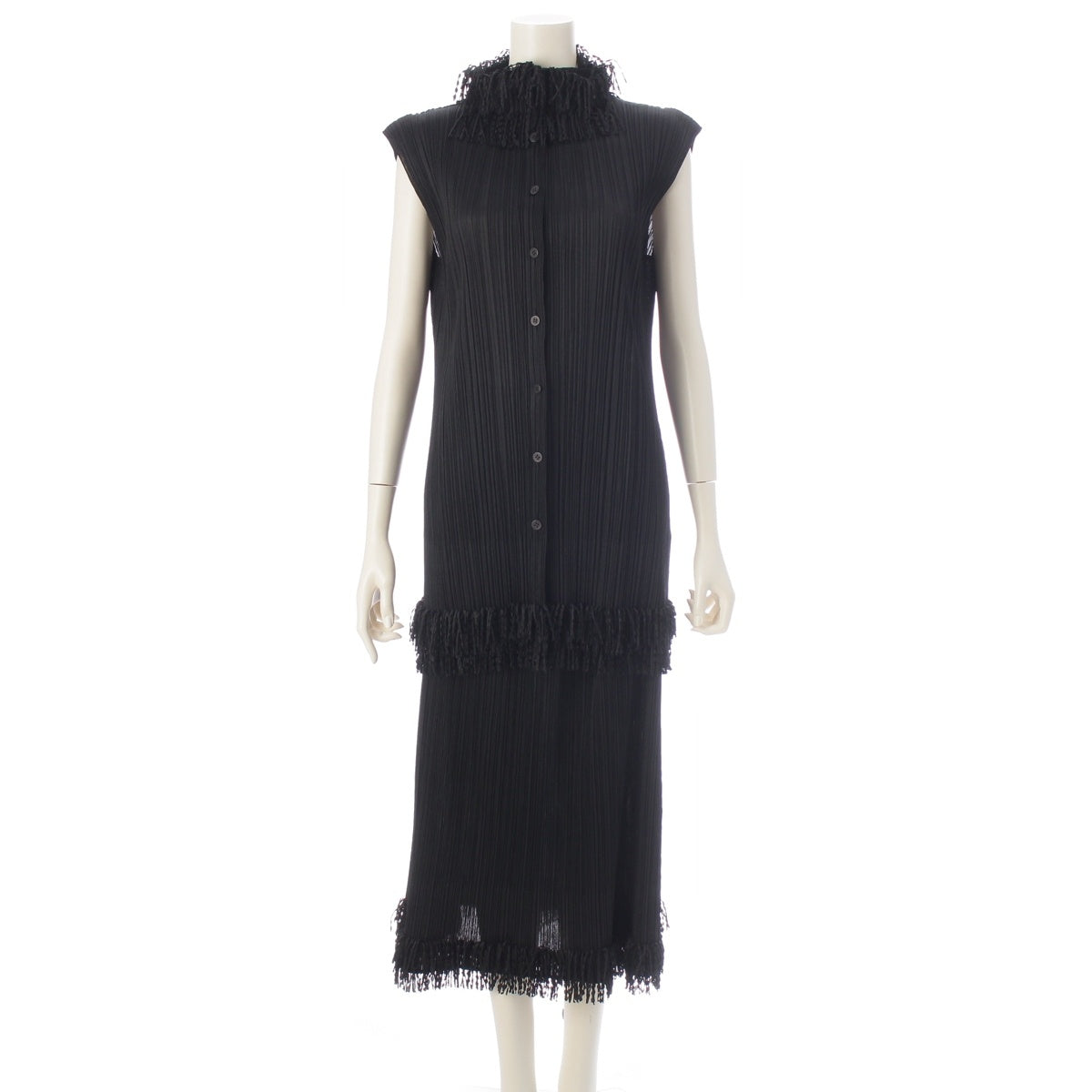 PLEATS PLEASE Fringe high-neck sleeveless long top Skirt setup PP43-JE744/PP43-JG745 black 3/4