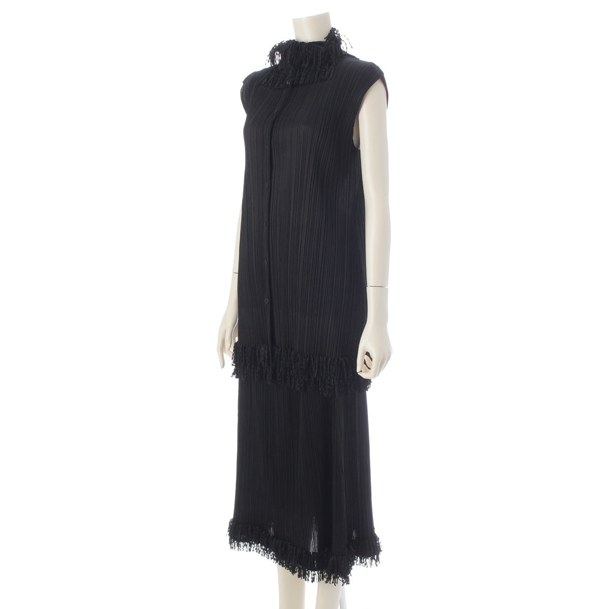 PLEATS PLEASE Fringe high-neck sleeveless long top Skirt setup PP43-JE744/PP43-JG745 black 3/4