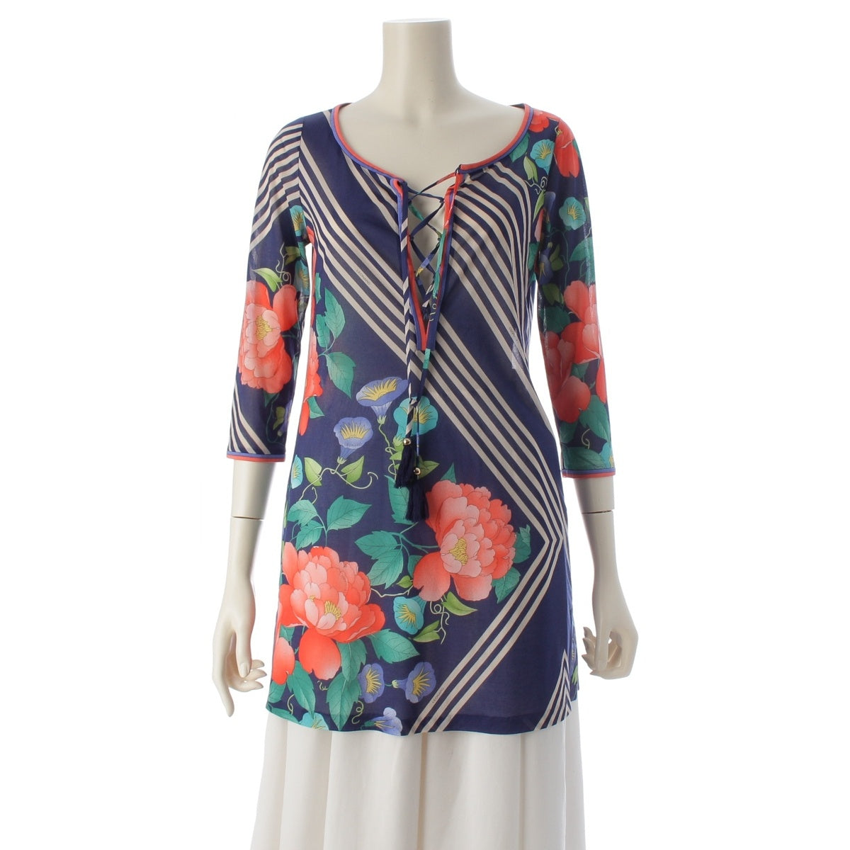 LEONARD cancan Flower Pattern Long Sleeve Tunic blouse tops Blue 1