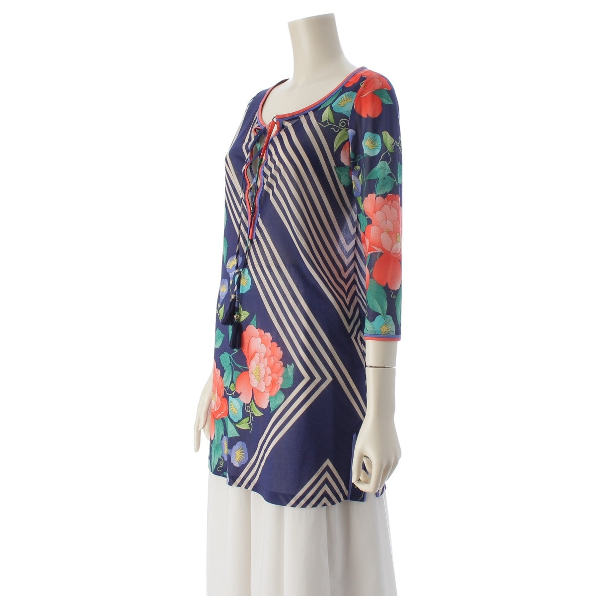 LEONARD cancan Flower Pattern Long Sleeve Tunic blouse tops Blue 1