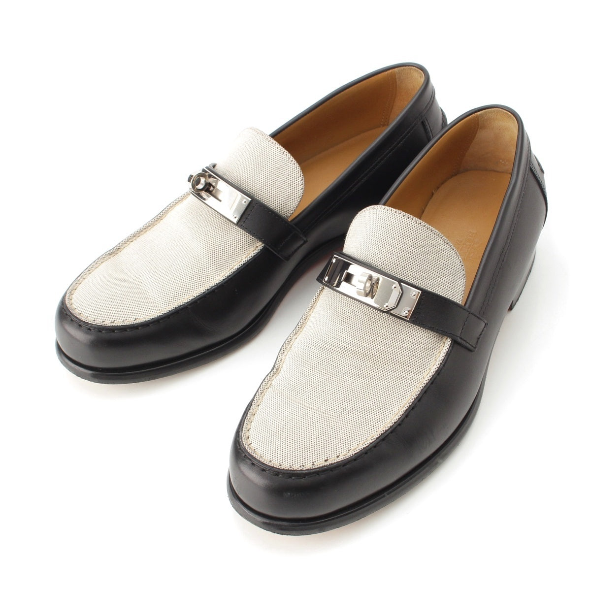 HERMES Desting canvas calfskin Moccasin Kelly Metal loafers shoes Brown x white 40