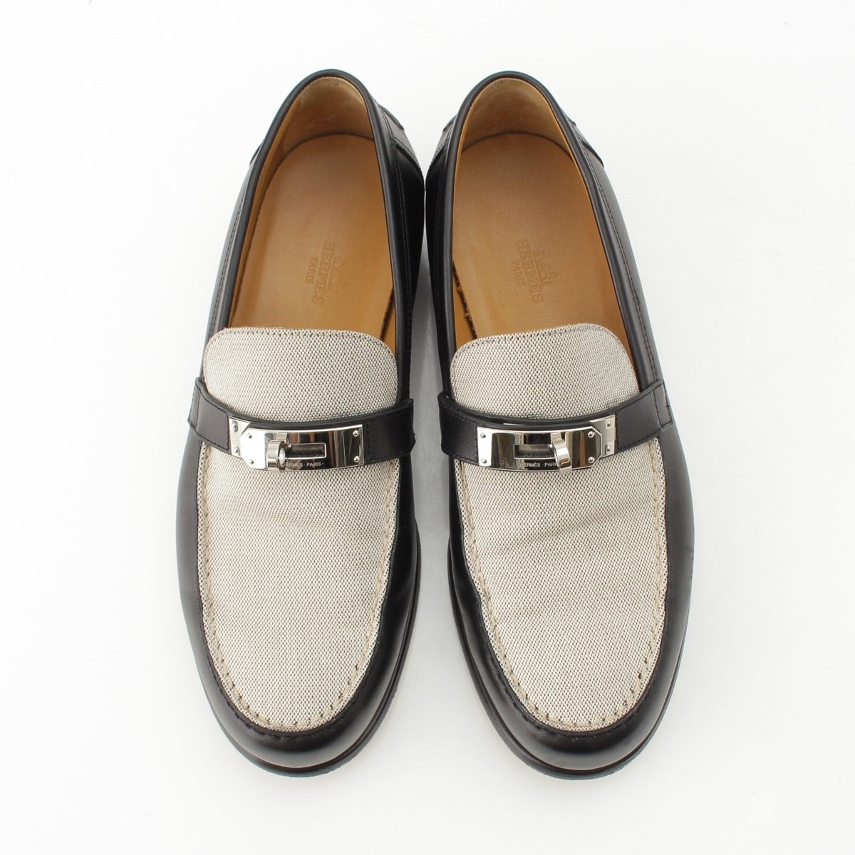 HERMES Desting canvas calfskin Moccasin Kelly Metal loafers shoes Brown x white 40