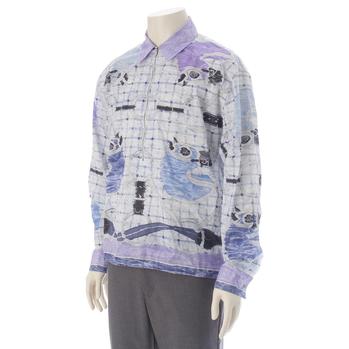 HERMES cotton All-over print half-zip drawstring horse pattern Long sleeve shirt Purple x blue 40