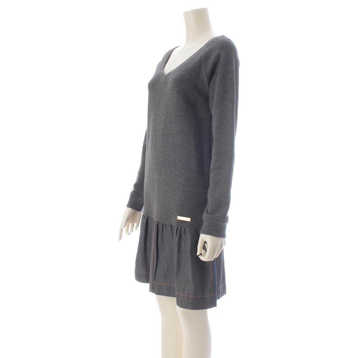 LOUIS VUITTON Denim-panel raglan sleeve V-neck knit one piece RW141W F5KD07OEM gray indigo XS