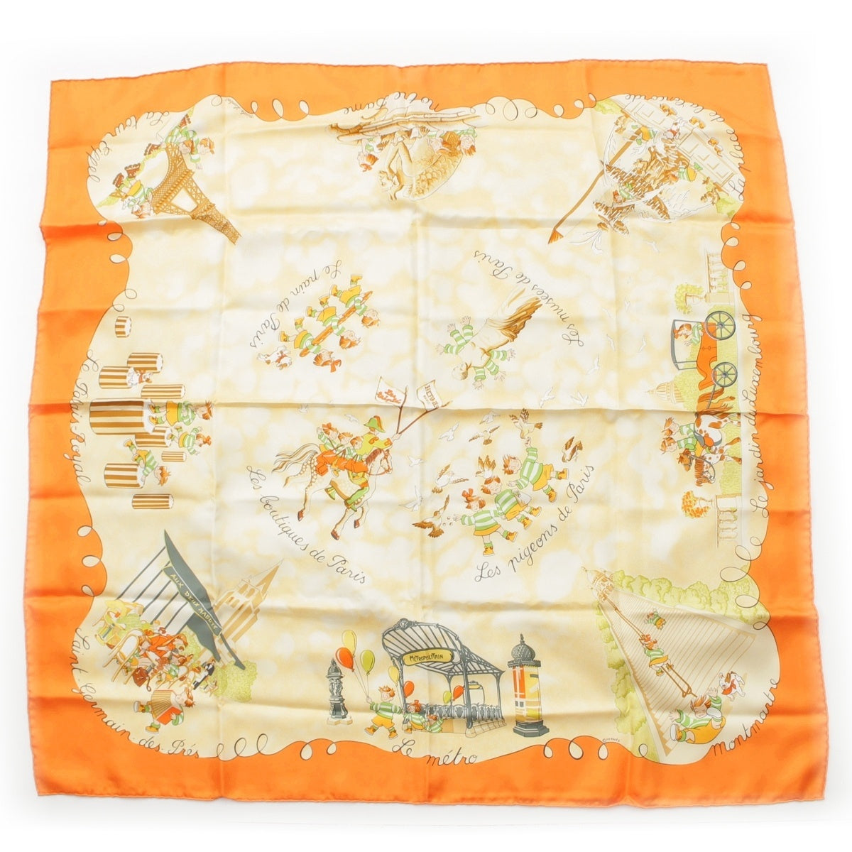 HERMES Carre 90 silk The Triplets of Paris scarf Orange