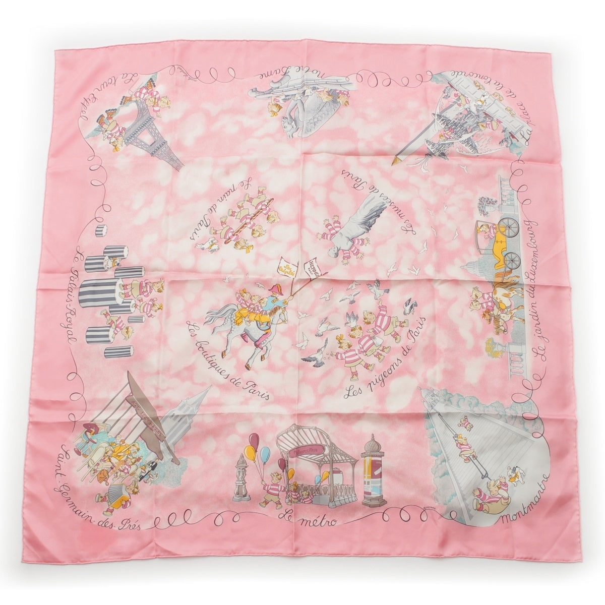 HERMES Carre 90 silk The Triplets of Paris scarf pink