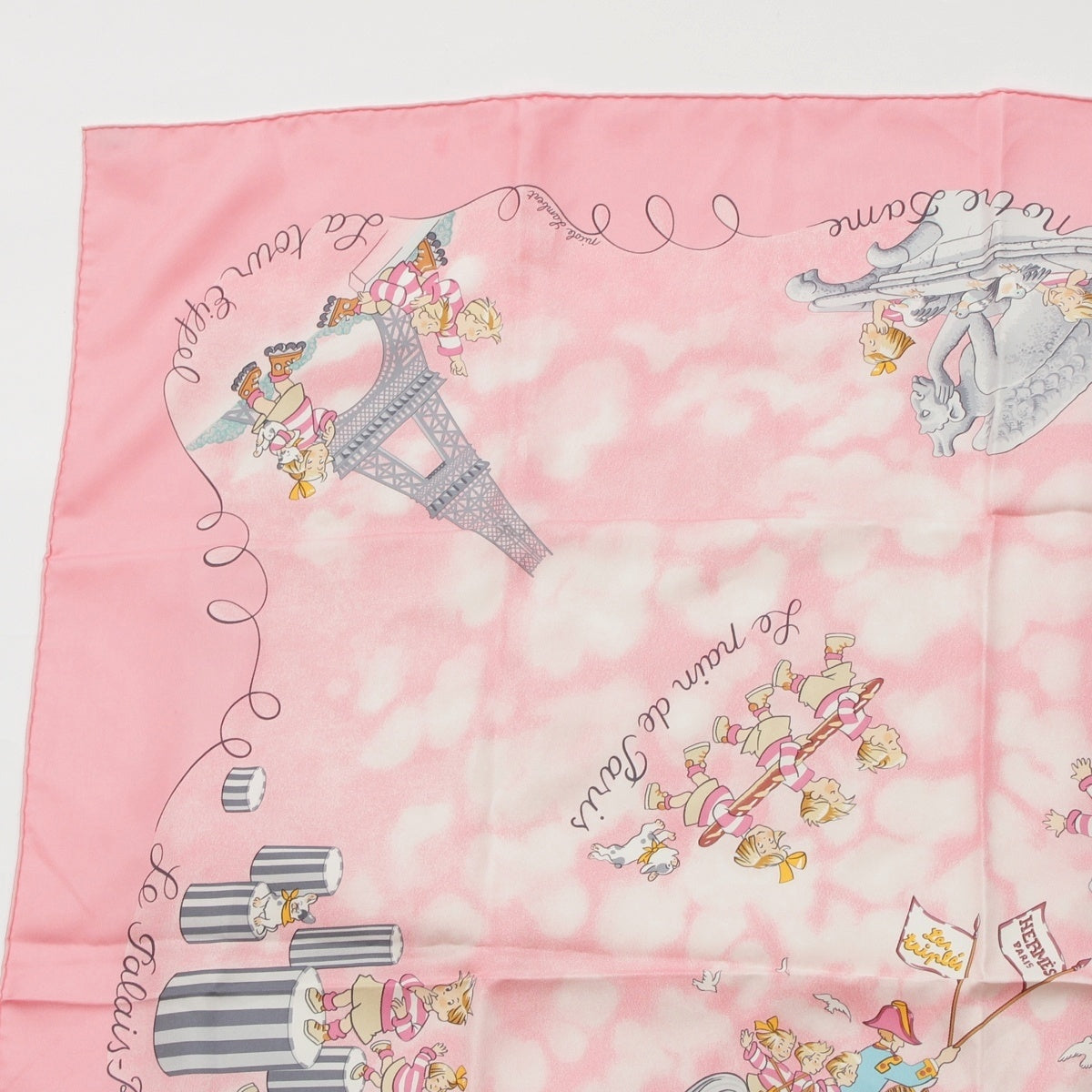 HERMES Carre 90 silk The Triplets of Paris scarf pink