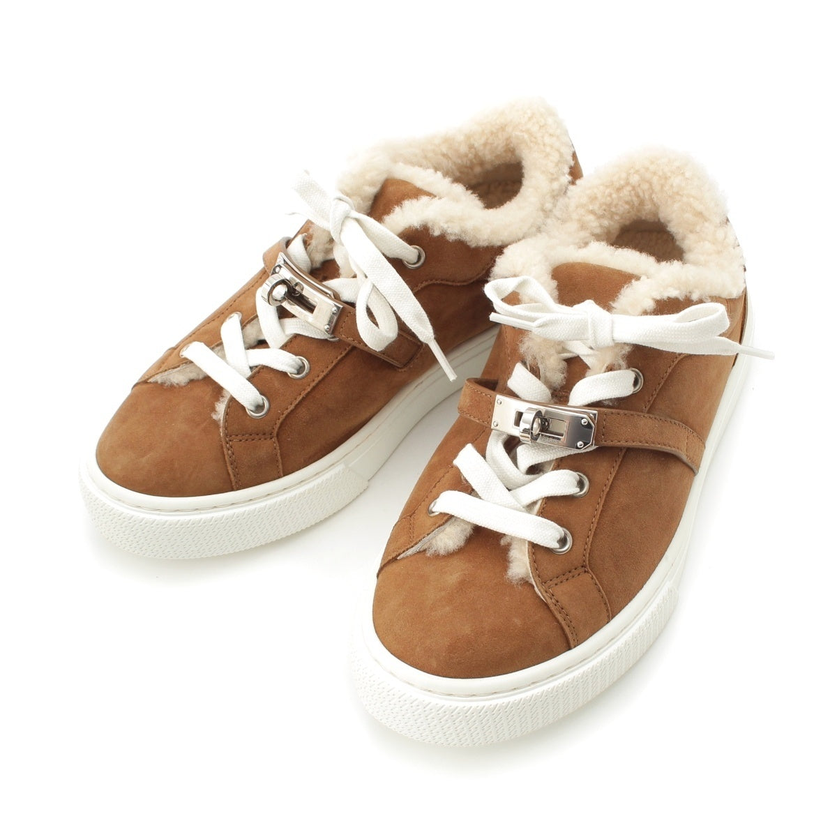 HERMES Day suede mouton Kelly Metal Lace-up sneakers H222180Z Blanc Fumé x Ecru 36 1/2
