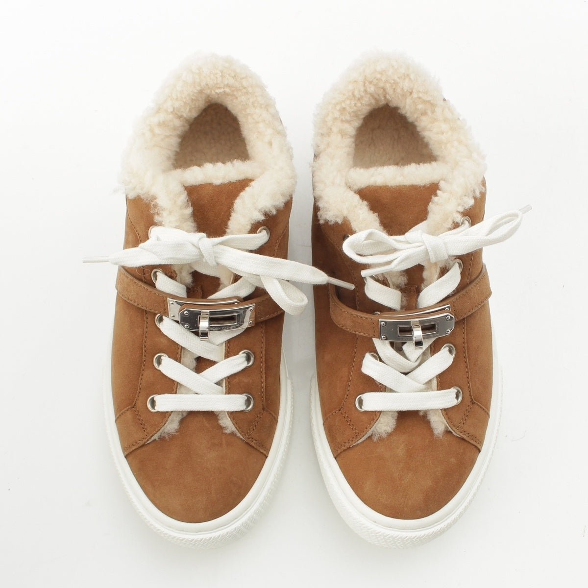 HERMES Day suede mouton Kelly Metal Lace-up sneakers H222180Z Blanc Fumé x Ecru 36 1/2