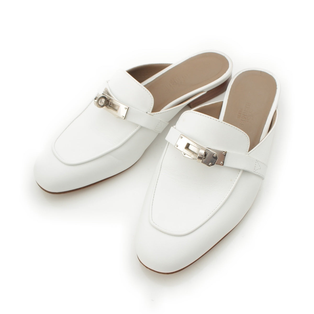 HERMES Oz Calfskin Kelly Metal Mule Sandals, slip-ons 212296Z white 34 1/2