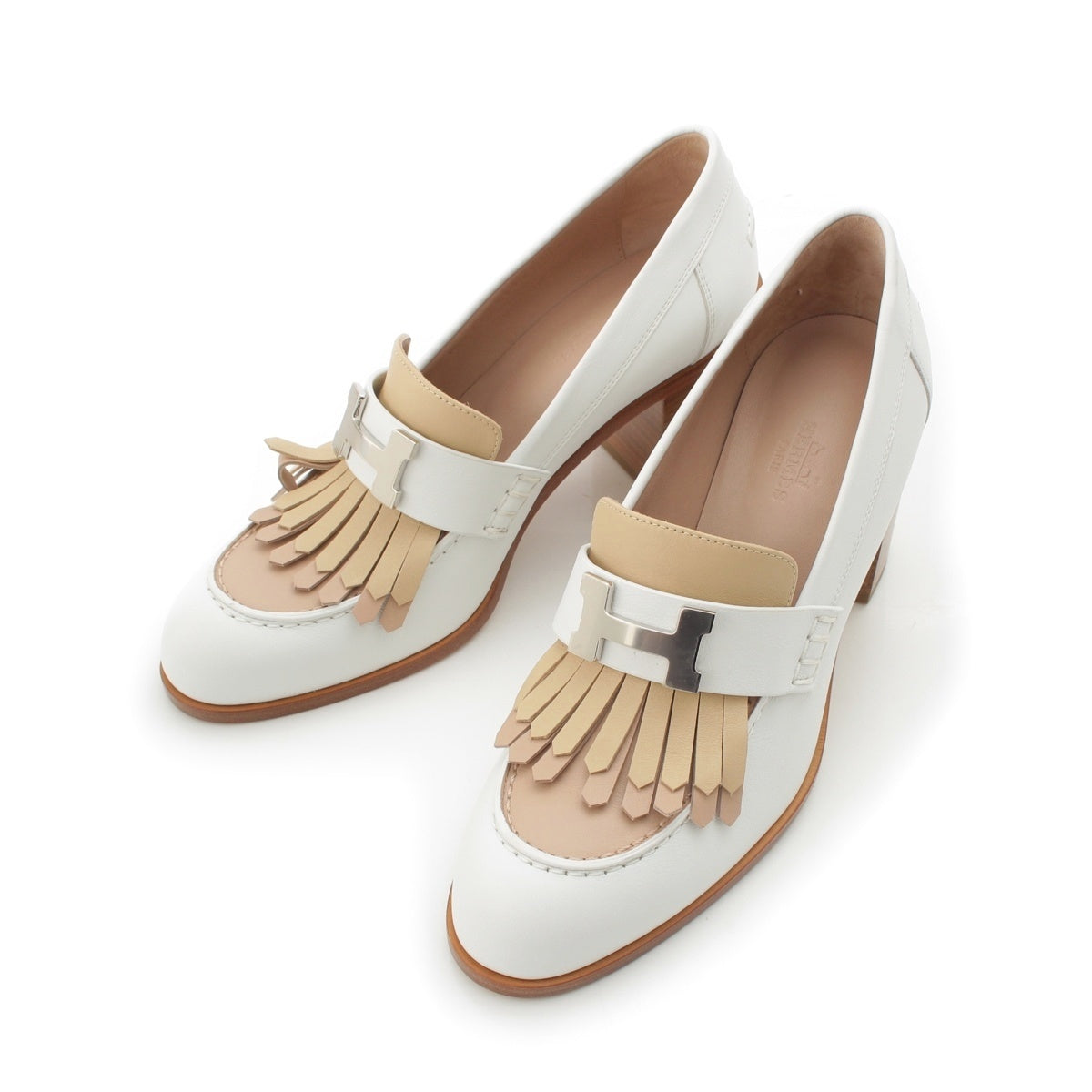 HERMES Elysee 70 leather Heel moccasins with H-buckle loafers 221066Z White system 37