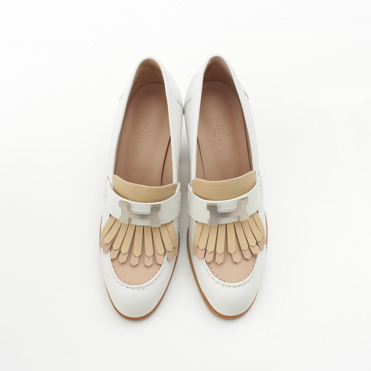 HERMES Elysee 70 leather Heel moccasins with H-buckle loafers 221066Z White system 37