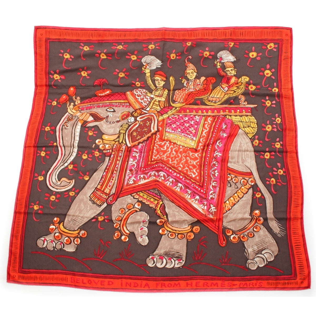 HERMES Carre Geant 140 cashmere silk scarf BELOVED INDIA Red x orange