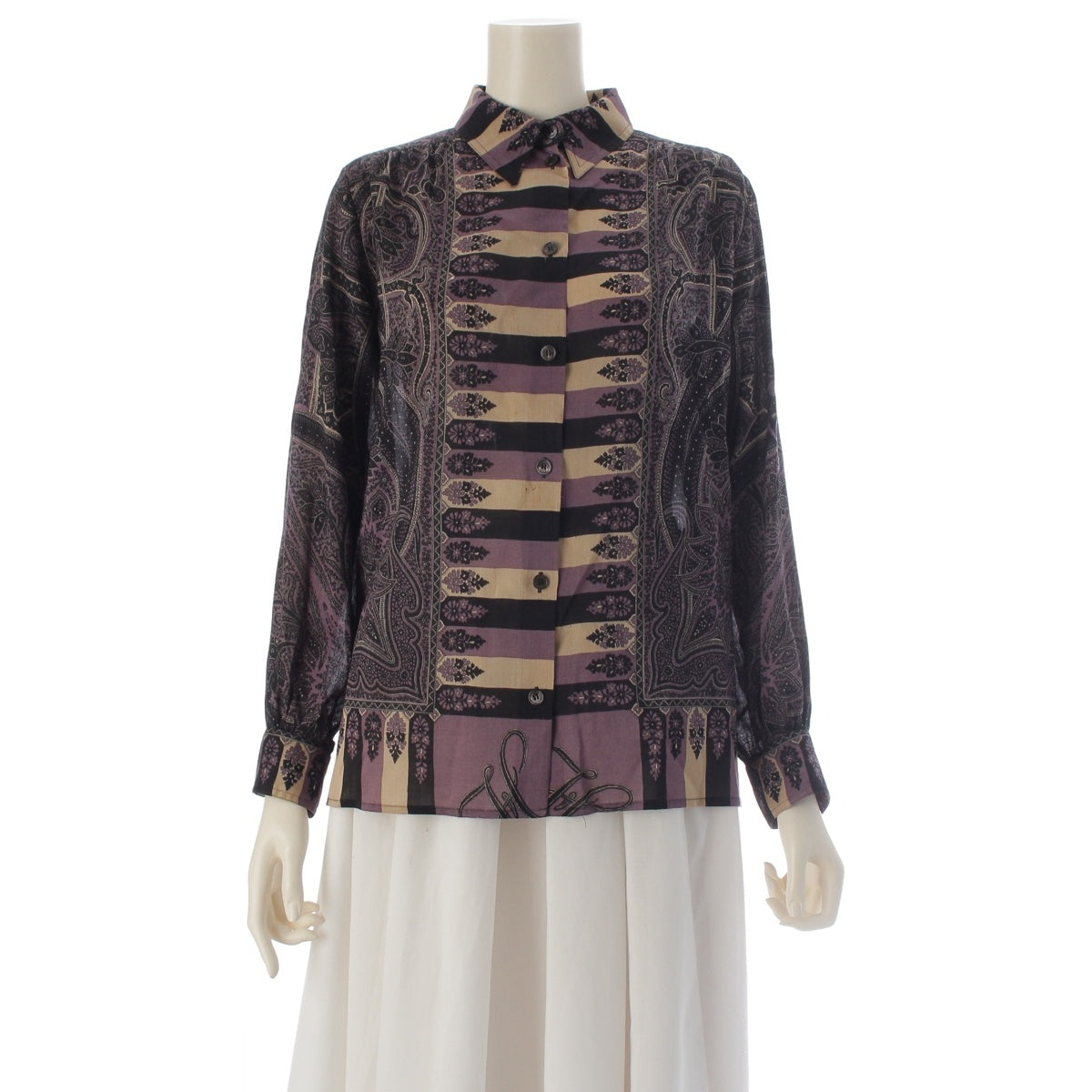 HERMES Wool Silk Cashmere All-over print long-sleeved shirt blouse purple 36