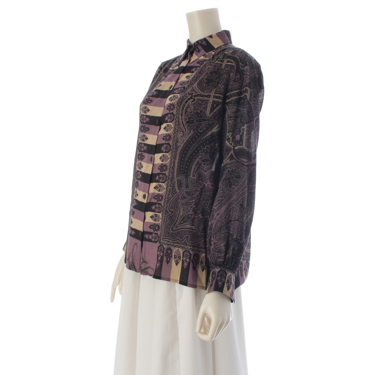 HERMES Wool Silk Cashmere All-over print long-sleeved shirt blouse purple 36