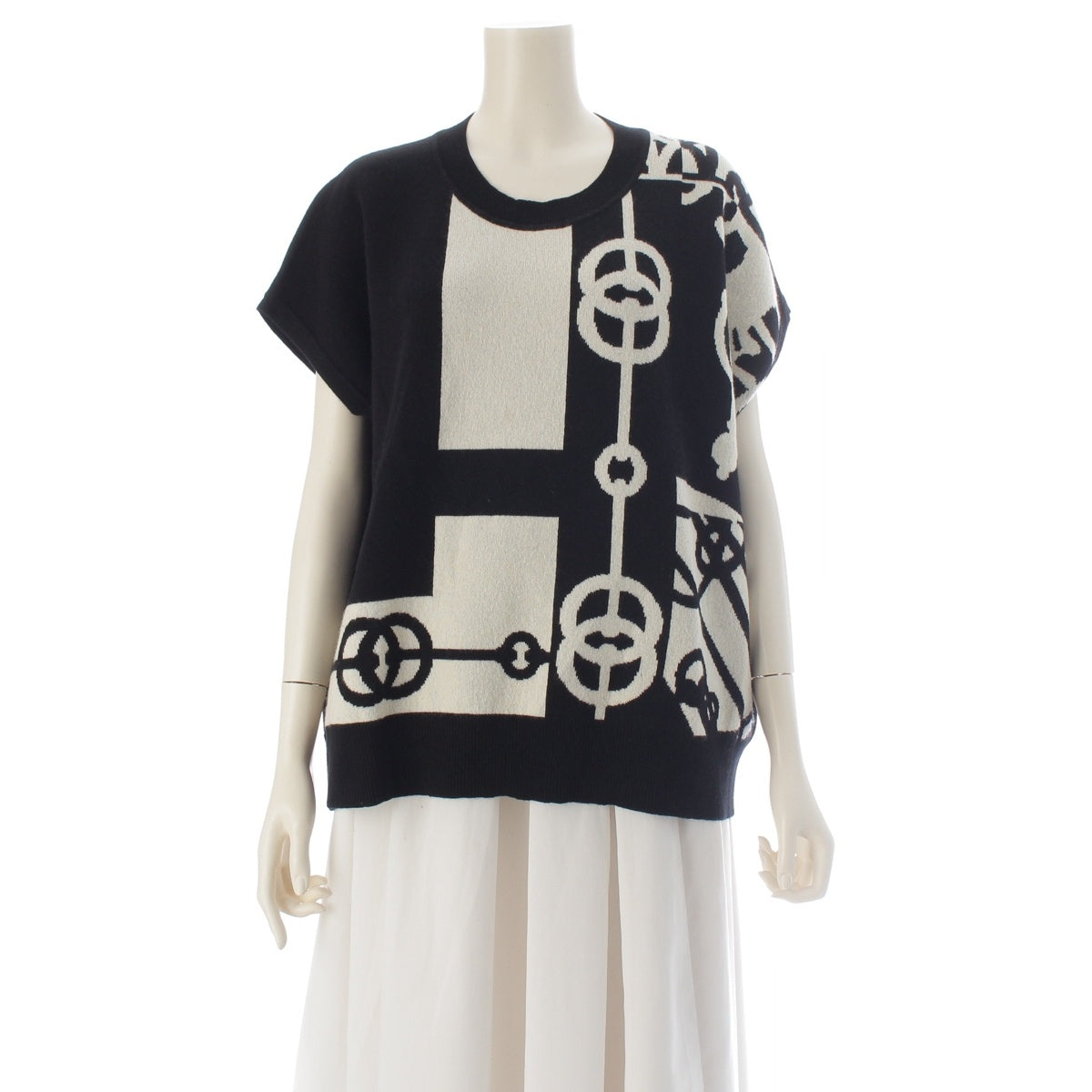 HERMES Criquetis cashmere French sleeve knit tops 2E2617DU Black White 42