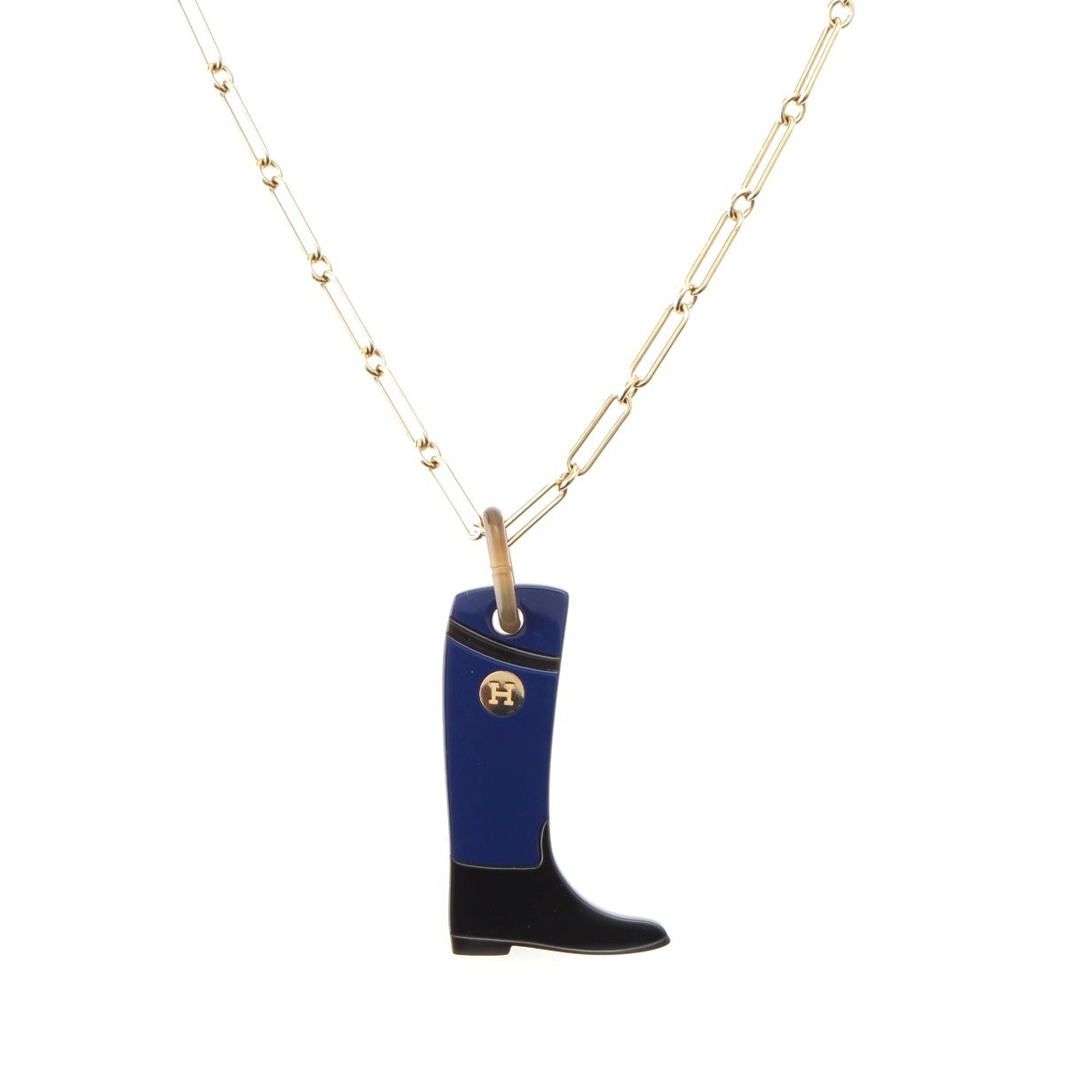 HERMES Cavalier Buffalo horn lacquer GM Boots motif Necklace Navy blue