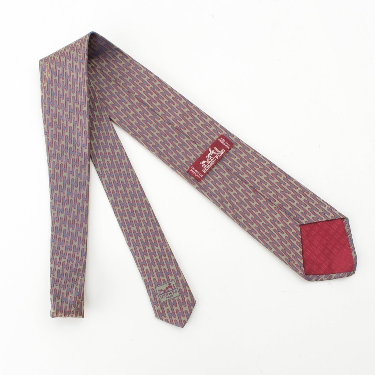 HERMES silk All-over wave pattern tie Green Red Navy