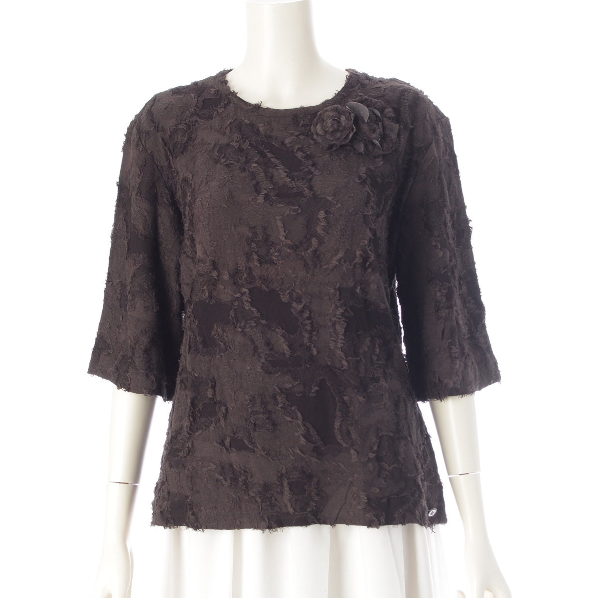 CHANEL Cotton rayon Camellia motif crew neck fringe short sleeve top knit P50935 Dark gray 42