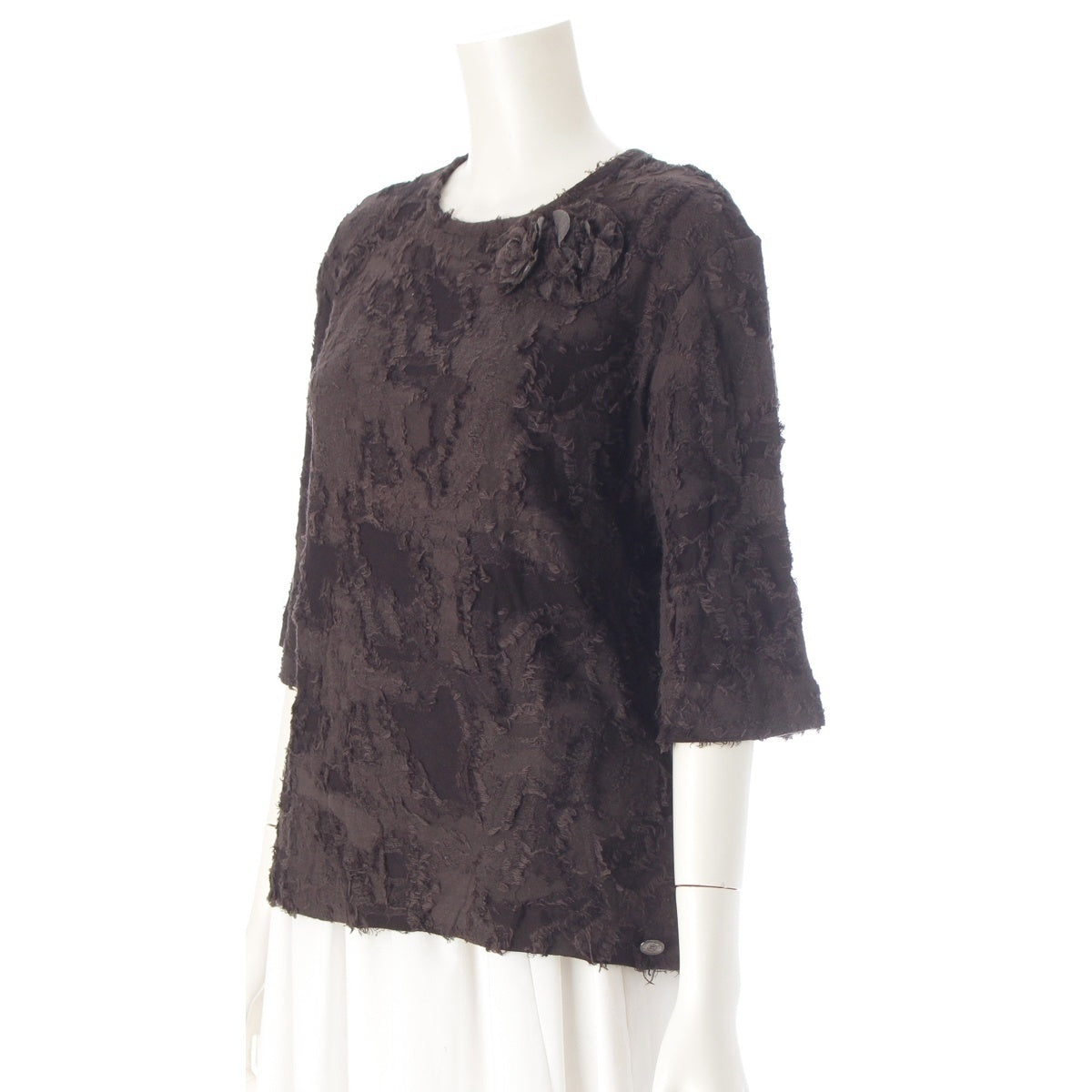 CHANEL Cotton rayon Camellia motif crew neck fringe short sleeve top knit P50935 Dark gray 42