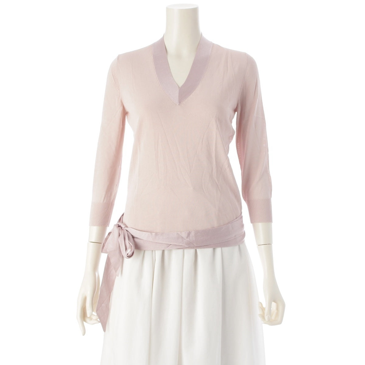 HERMES Rayon Long-sleeved V-neck dress with waist ribbon sweater pink 34