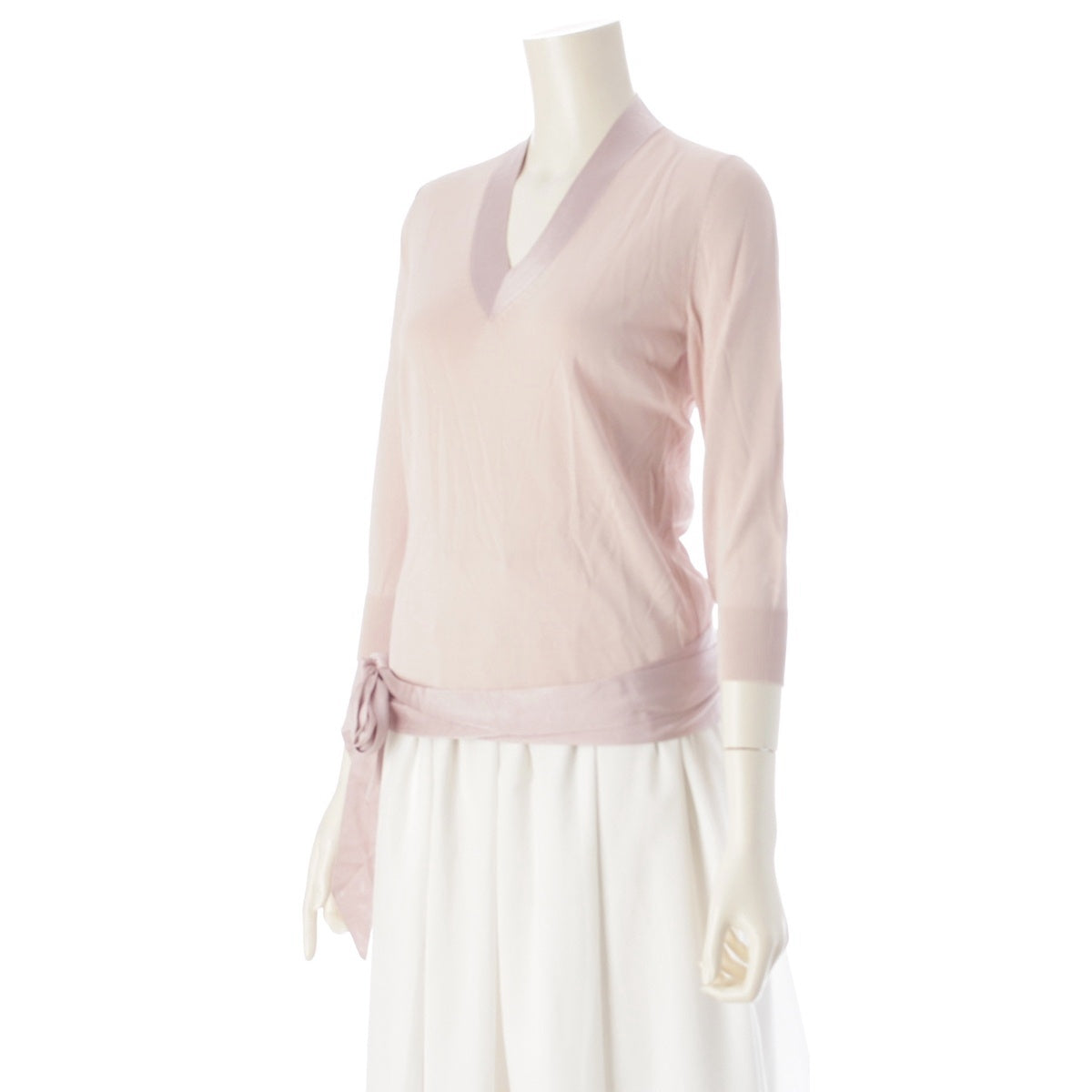 HERMES Rayon Long-sleeved V-neck dress with waist ribbon sweater pink 34