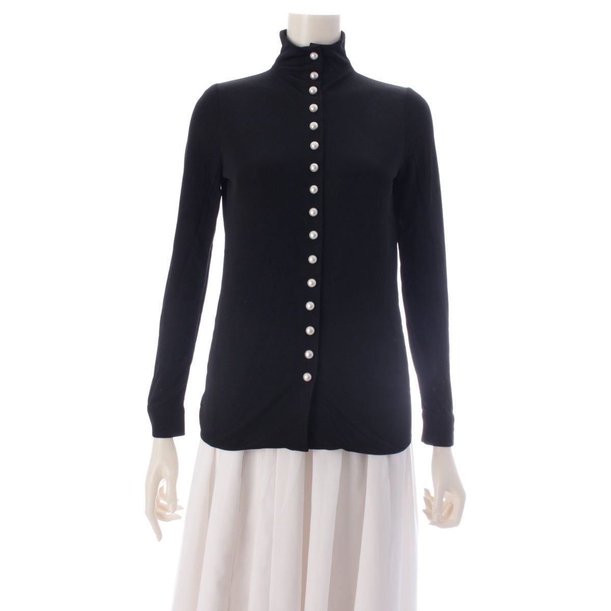 CHANEL Jersey knit COCO Mark Pearl Button Shirt blouse tops P49866 black 34