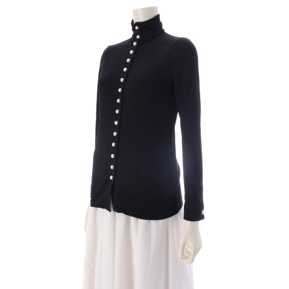 CHANEL Jersey knit COCO Mark Pearl Button Shirt blouse tops P49866 black 34
