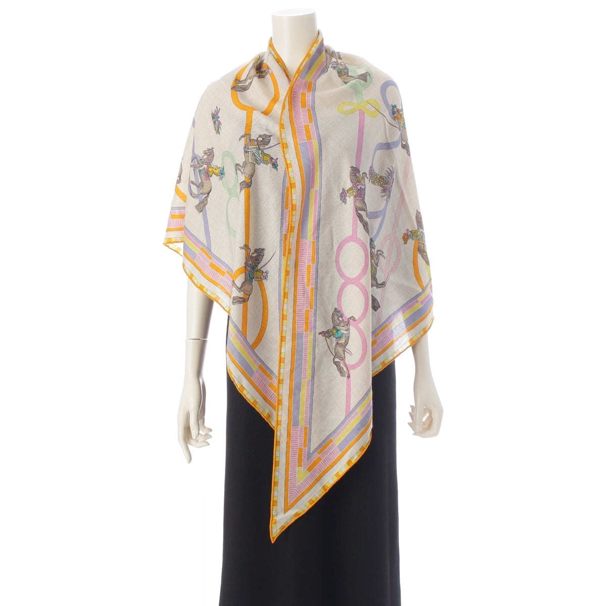 HERMES Triangle Jean cashmere silk Passades et Serpentines Stall shawl Orange Beige